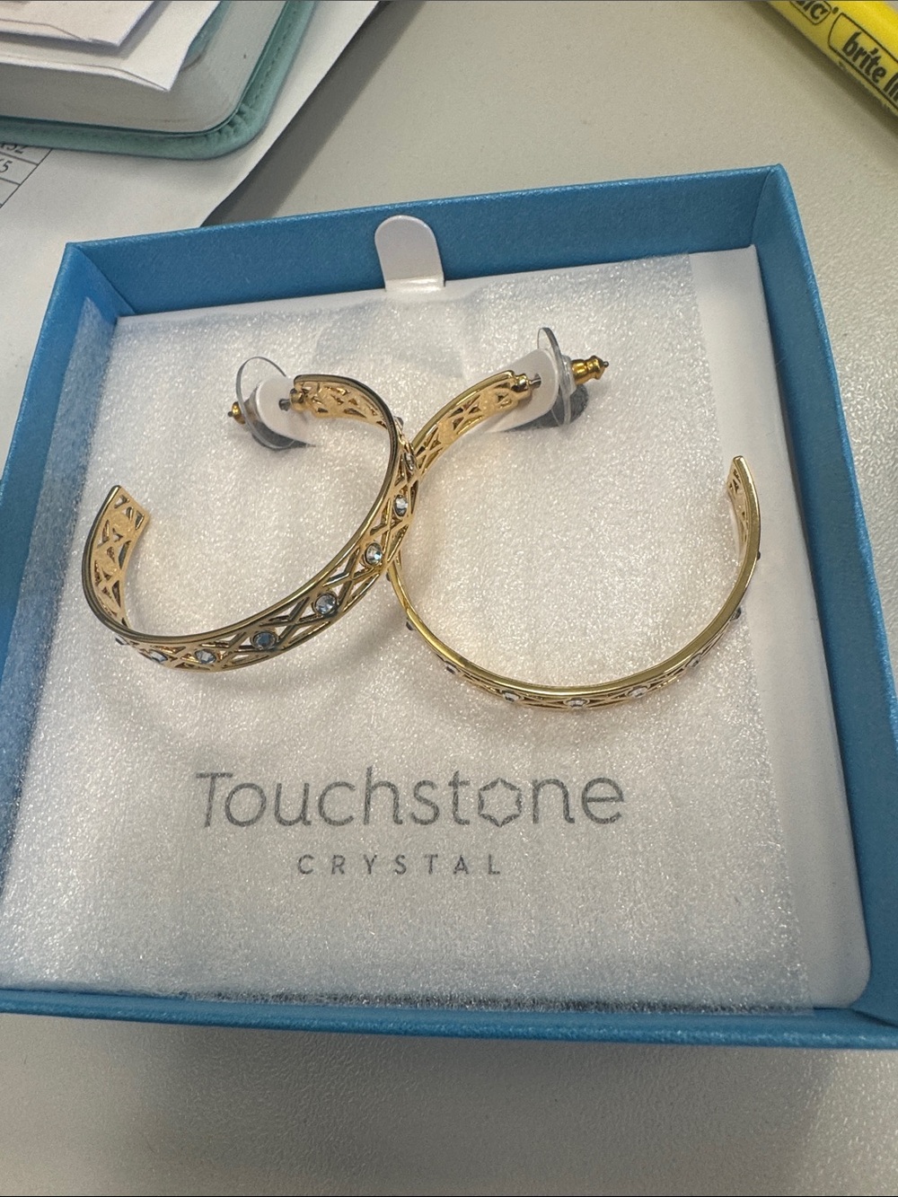 Touchstone Crystal Gold Filigree Hoop Earrings with Clear Crystals